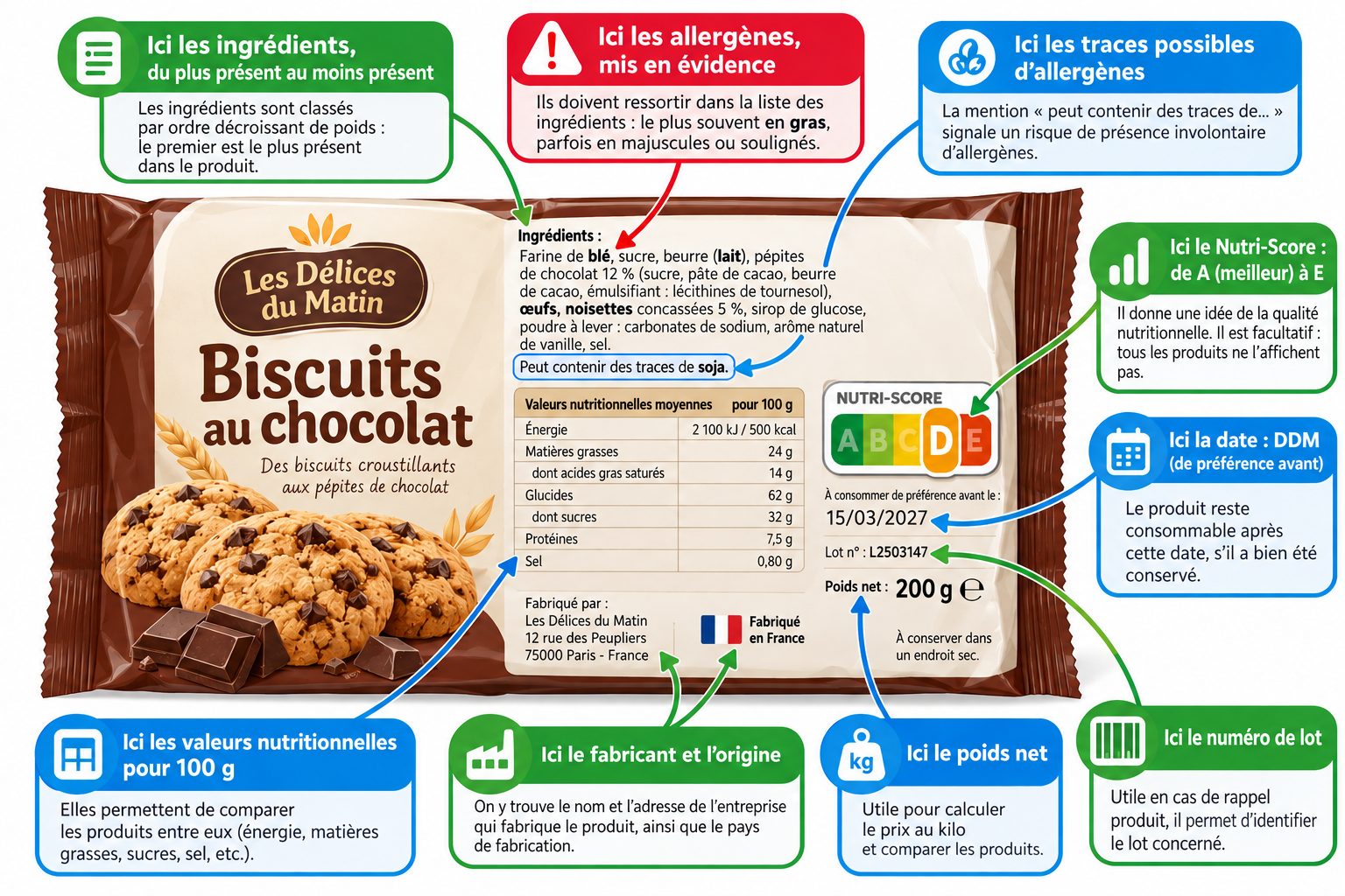 Où trouver chaque information obligatoire au dos d'un paquet