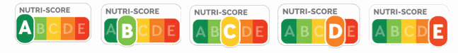 Les cinq notes possibles du Nutri-Score, de A (vert foncé) à E (rouge)