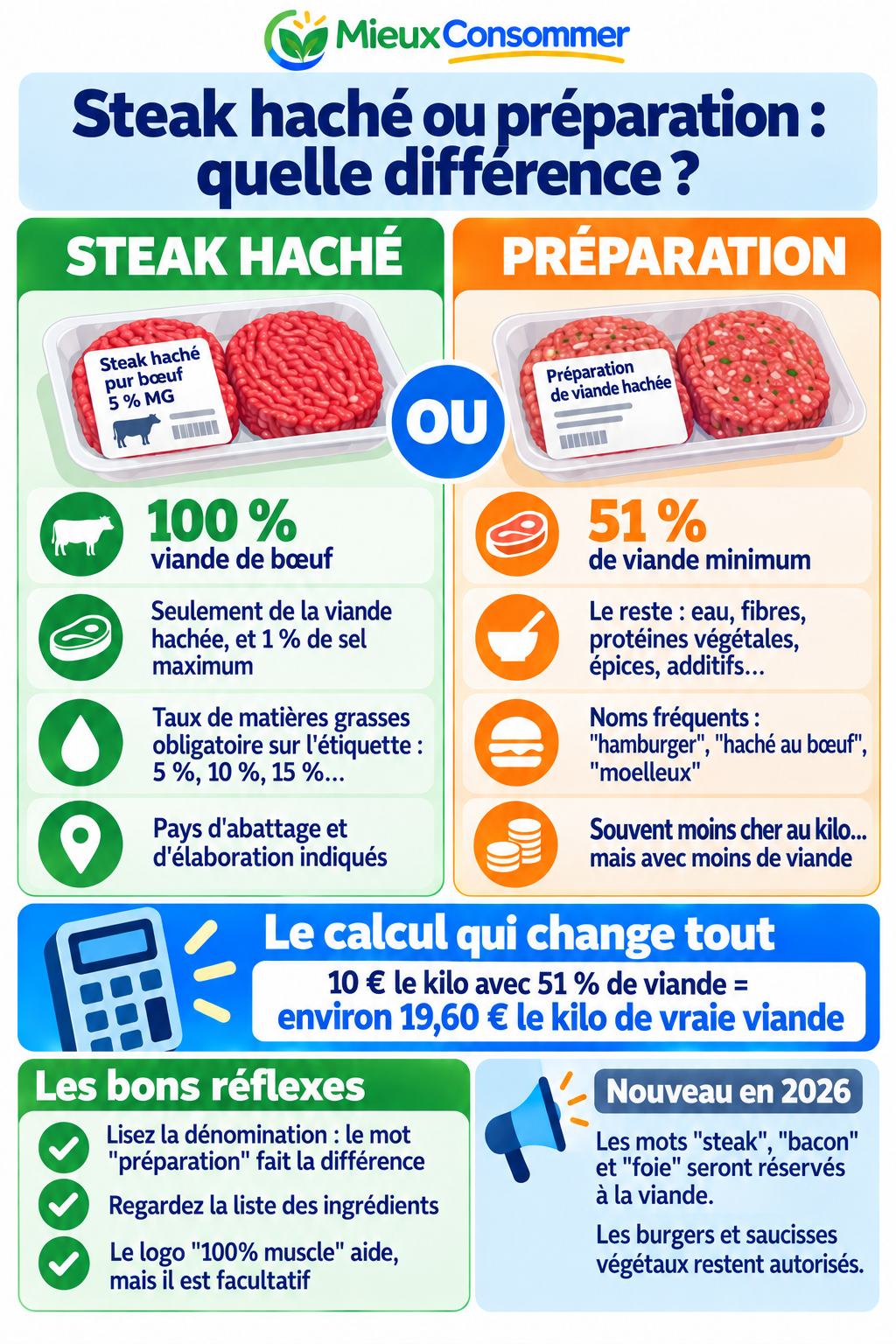 Steak haché ou préparation : quelle différence ? Comparaison des deux produits, calcul du vrai prix et bons réflexes